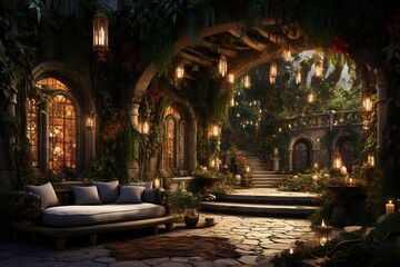 Wall Mural - Enchanted Garden Retreat with a lush indoor garden, vine-covered walls, fairy lights, and a magical, nature-inspired design. Enchanted garden home decor. Template