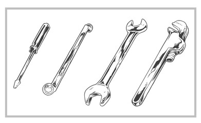 Vector set of hand-drawn wrenches. Isolated on white background.