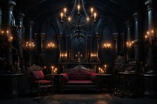 Victorian Vampire's Lair With Rich Velvet Upholstery, Gothic Decor, And A Dark, Vampiric Ambiance. Victorian Vampire's Lair Home Decor. Template