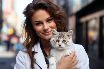 Canvas Print - Woman veterinarian with cute kitten. Portrait with selective focus and copy space