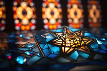 A Synagogue's Stained Glass Window Casting Colorful Patterns Of Light During Hanukkah. Generative Ai.