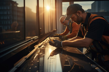 Engineers installing advanced thin-film solar panels on the façade of a skyscraper. Generative Ai.
