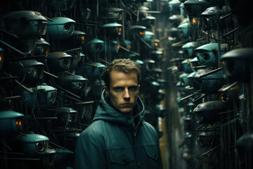 Aufkleber - internet privacy. person surrounded by surveillance cameras, representing concerns about privacy in 