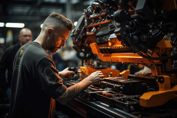Poster - Worker operating machinery at a factory, illustrating the variety of industries and roles that come together to build society. Generative Ai.