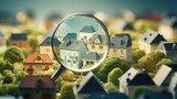 Fototapeta  - toy house under magnifying glass. Concept for searching for a house and real estate. generative AI