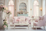 Fototapeta Kwiaty - Cozy and Elegant Shabby Chic Living Room Interior with Vintage Accents and Delicate Pastel Tones