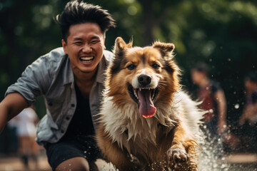 Canvas Print - Joy of a pet owner playing with their dog at a local park, highlighting the role of companionship and affection in daily life. Generative Ai.