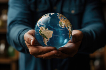 Wall Mural - a close-up photograph focuses on a person's hands holding a miniature globe, highlighting the global