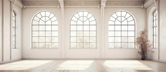 Empty white studio room with large windows in vintage style.