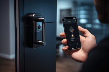 Aufkleber - a close-up of a person's hand using a smartphone to lock or unlock their smart door lock remotely. g