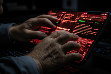 Canvas Print - A close-up of a person's hand fact-checking information and countering misinformation on social media. Generative Ai.