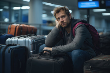 Sticker - An exhausted international worker holding a suitcase at an airport, depicting the stress of frequent travel. Generative Ai.