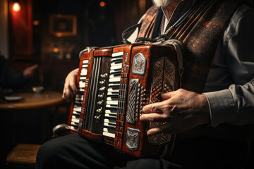 Poster - A close-up of a person's hand playing the keys of an accordion, a popular instrument in folk music. Generative Ai.