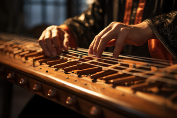 Canvas Print - A close-up of a person's hand plucking the strings of a koto, a traditional Japanese zither. Generative Ai.