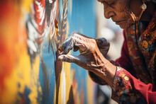 A Close-up Of A Person's Hand Painting A Mural On A Public Wall, Depicting Community Legends. Generative Ai.