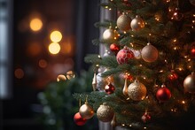 Enchanting Christmas Tree Adorned With Decorations On A Blurred Backdrop