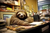 Fototapeta  - Photo sloth being lazy in the office Generative AI.
