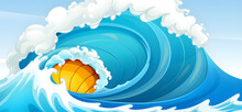 A Cartoon Water Polo Ball Crashing In The Ocean Waves