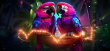 Two Colorful Birds Sitting On Top Of A Basket