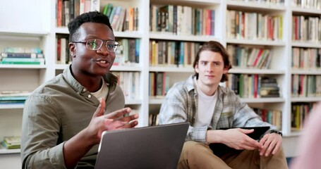 Aufkleber - Library, study group and student man with conversation and book planning for college project. Books, talking and communication for learning and studying for exam with friends or class in university
