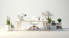 free photos White stylish workplace in home office area with wooden chairs and table. Generative AI