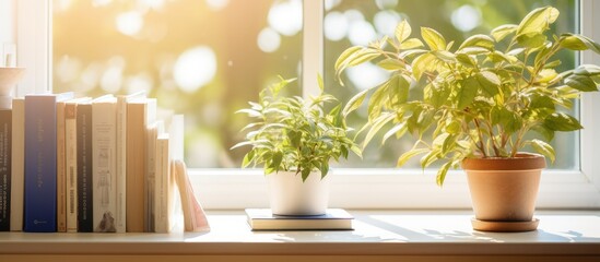 Sunlit apartment with plants and books on a white desk and wall.