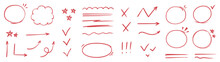 Red Line Check Mark, Underline, Circle. Hand Drawn Doodle Sketch Red Marker Stroke Emphases, Highlight, Check Mark Elements. Study Focus, Important Underline, Circle Sketch. Vector Illustration.