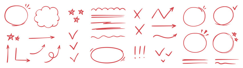 Sticker - Red line check mark, underline, circle. Hand drawn doodle sketch red marker stroke emphases, highlight, check mark elements. Study focus, important underline, circle sketch. Vector illustration.