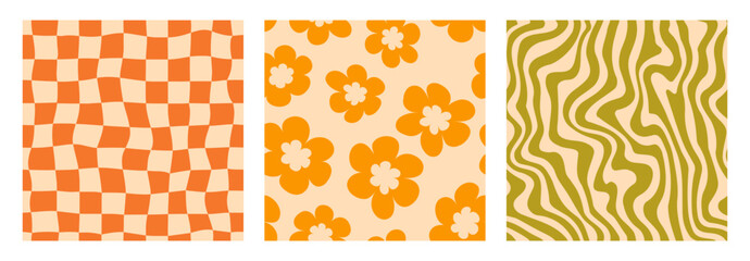 Poster - Groovy seamless background set. Repeating retro wave, daisies and checkered pattern collection. Vintage psychedelic checkerboard wallpapers. Distorted orange green backdrop in 60s, 70s style. Vector