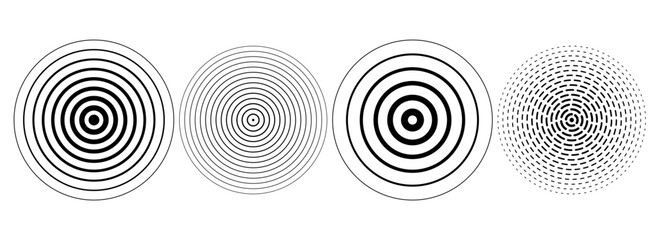 Poster - Black concentric ripple circles set. Dotted sonar or sound wave rings collection. Epicentre, target, radar icon concept. Radial signal or vibration elements. Halftone vector