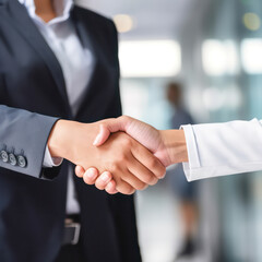 Close-up of Man and woman are shaking hands after complete the agreement. Businessmen shake hands after a long meeting. Collaborative teamwork. congratulation, merger and acquisition concepts.