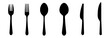 Set of fork, knife, and spoon. Logotype menu. Set in flat style. Silhouette of cutlery