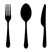Set Of Fork, Knife, And Spoon. Logotype Menu. Set In Flat Style. Silhouette Of Cutlery