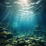 Fototapeta Do akwarium - Half underwater scene with tropical fishes, create using generative AI tools