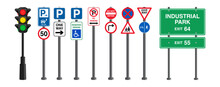 Collection of Realistic Road Signs, Traffic Lights, and Semaphores. Traffic lights, traffic sign, Signposts and green road traffic signs set. Mock up. Isolated information sign. Direction. Vector.