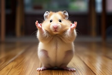 Hamster Roborovski contorting its body into a funny yoga pose