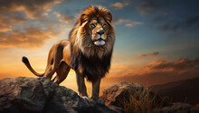 Proud Lion In The Sunset Standing On Mountain Rock. Generative AI
