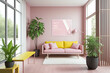 Minimalist pink living room interior with wooden floor, tall window and yellow bench with vertical poster on it. Plant's pot. 3d rendering mock up