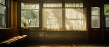 View Of A Room In An Aged House, Peering Through A Window With Lace Curtains And A Small Stained Glass Panel Above, Revealing A White Porch Railing And A Yellow School Bus In The Distance.