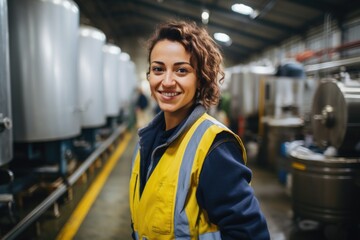 Smiling portrait of a happy young female caucasian factory worker working in a factory