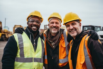 Wall Mural - Smiling portrait of a diverse group of happy male construction workers working on a construction site