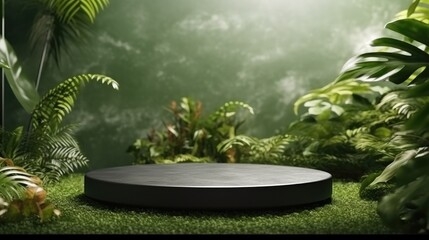 Aufkleber - Black granite product display podium with grass flowers and sunshine background, Product presentation theme.