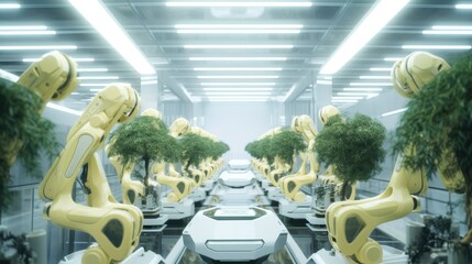 Poster - Multiple numbers of robotic arms working together cloning trees at futuristic factory.