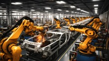 Many Robotic Arms Doing Welding On Car Metal Body In Manufacturing Plant, Cars On Production Line In Smart Factory.