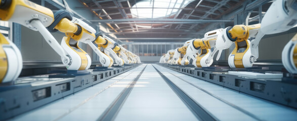 Poster - Production line with robotic arms, Robotic arm in futuristic assembly manufacturing factory.