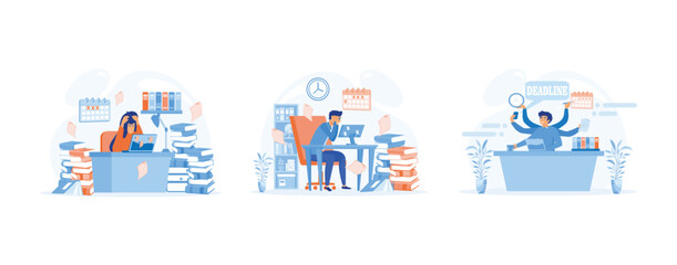 Poster - Overworked concept, Asleep depressed tired hard work manager sitting office desk in big pile of documents. set flat vector modern illustration