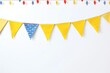 Hanging colorful bunting flags on white wall background. Yellow festive web banner. Festa Junina holiday, June Festival celebration concept. Decoration for birthday party. Generative AI