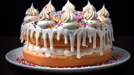 Poster - Vanilla buttercream Birthday cake with colorful sprinkles over a neutral background.