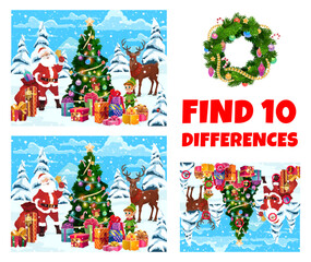 Aufkleber - Find ten differences quiz. Christmas landscape with Santa, pine tree, deer, elf and gifts. Matching quiz, objects difference search and compare game vector worksheet with Christmas cartoon characters