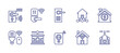 © Huticon - Smart house line icon set. Editable stroke. Vector illustration. Containing smart door, socket, smart home, smart house, smart lock, smart light, home automation.